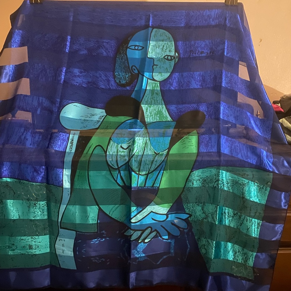 Abstract scarf, sheer stripes, abstract Picasso style art. Like new condition!